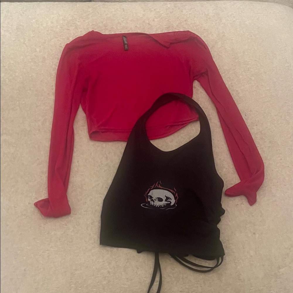Red Long Sleeve Crop Top and Black Skull Halter Top